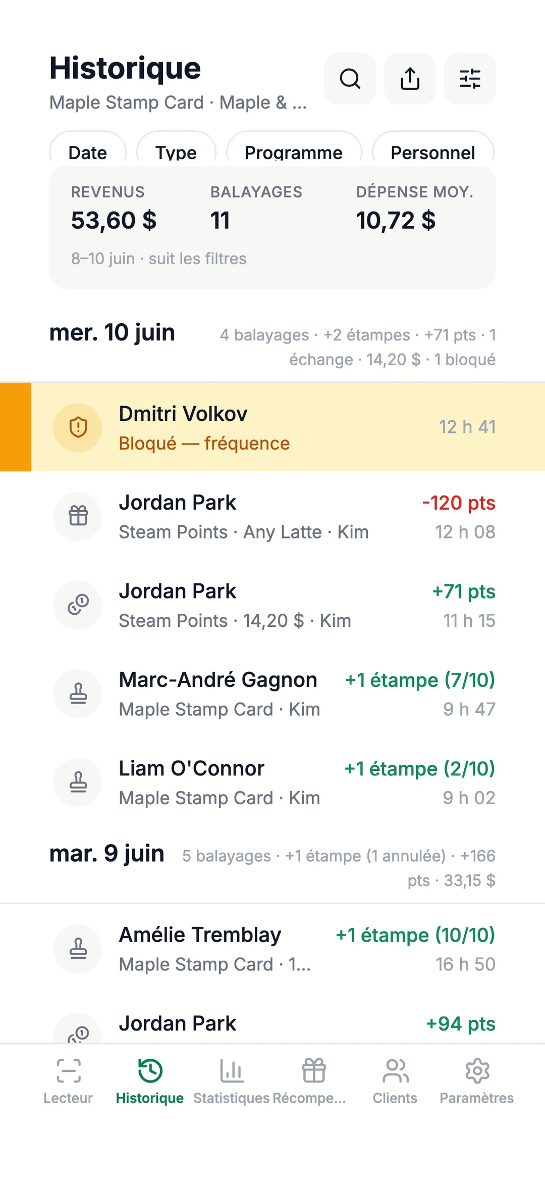 L’historique d’activité dans l’application LoyalTea Merchant
