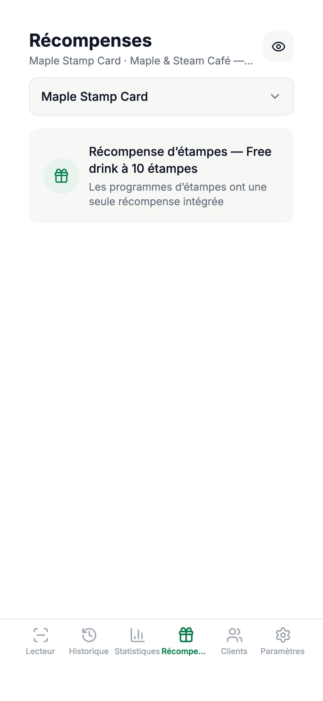 Le catalogue de récompenses dans l’application LoyalTea Merchant