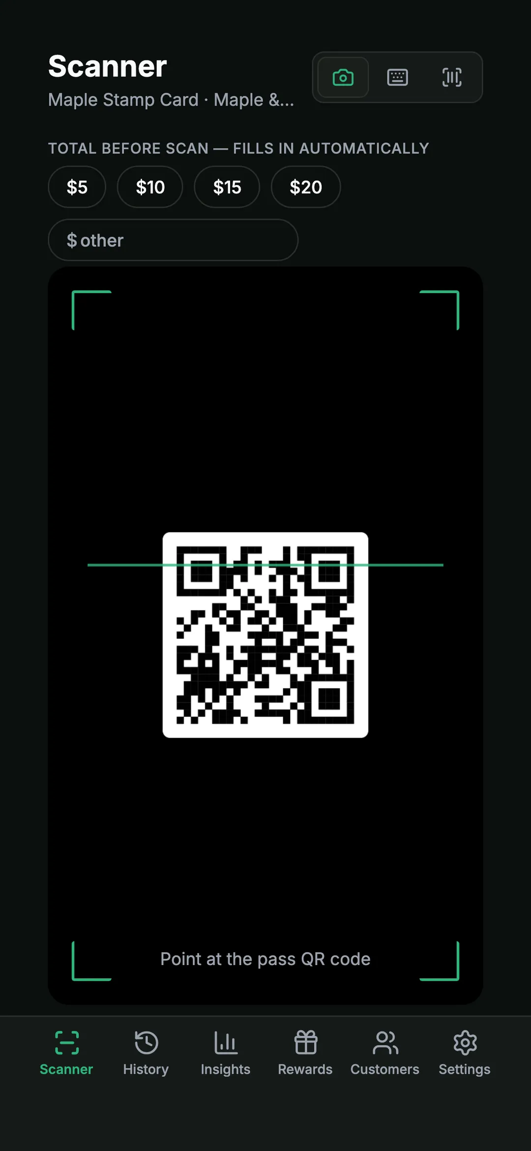The scanner screen of the LoyalTea staff app