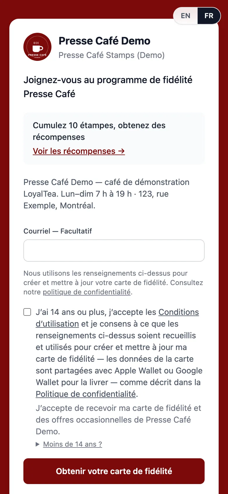 La page d’inscription sur un téléphone : Ajouter au portefeuille