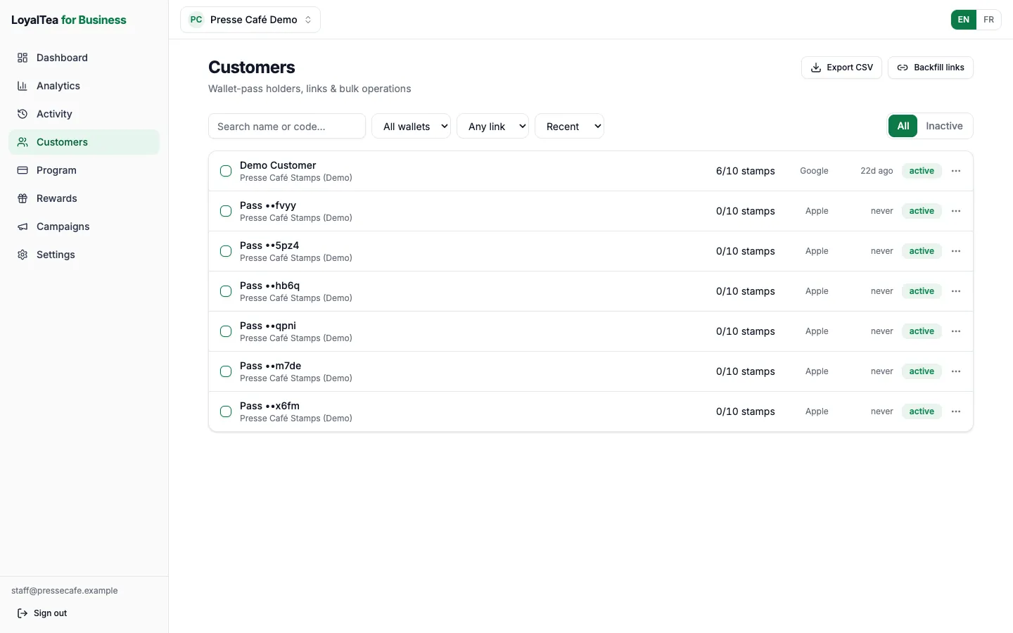 The Customers page of the LoyalTea web dashboard, with the search, the filters and the Export CSV button