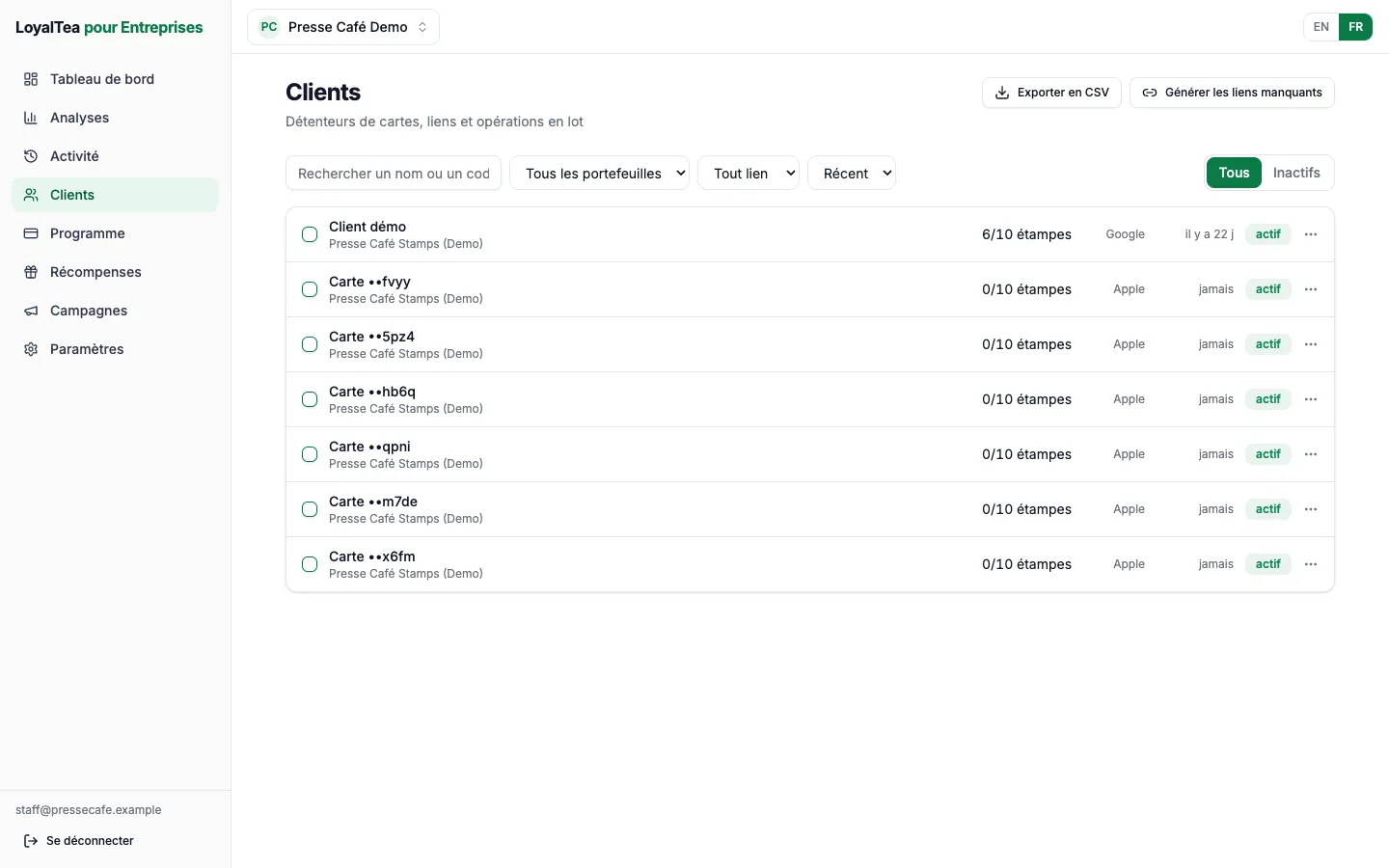 La page Clients du tableau de bord web LoyalTea, avec la recherche, les filtres et le bouton Exporter en CSV