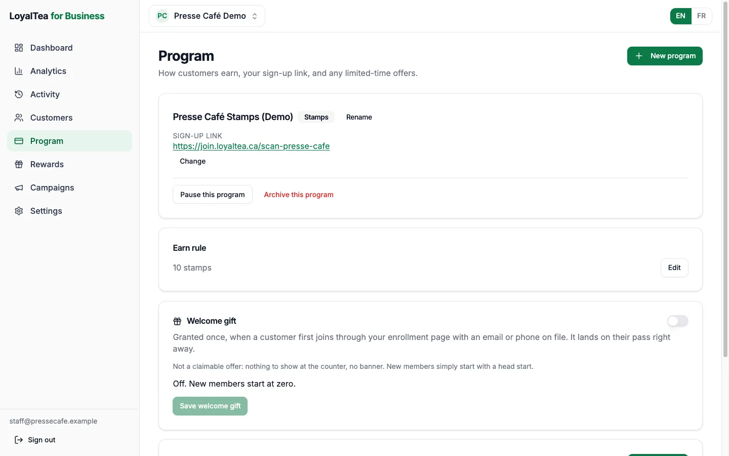 The Program page of the LoyalTea web dashboard, with the sign-up link, the earn rule and the welcome gift