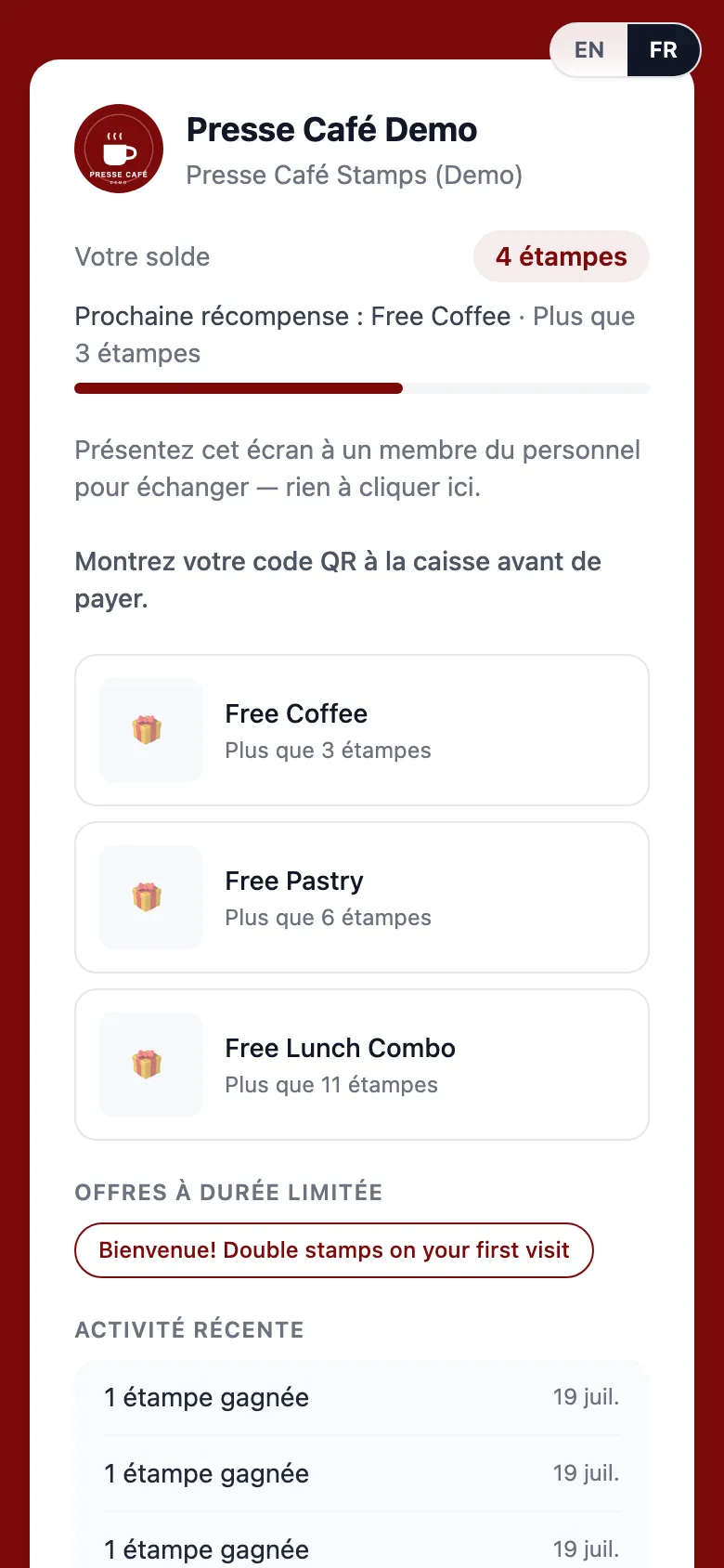 La page personnelle de récompenses d’un client, sur un téléphone